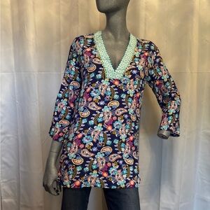 Liz‎ Claiborne Paisley Block Print Floral Tunic Rop Colorful 3/4 Sleeve V-neck